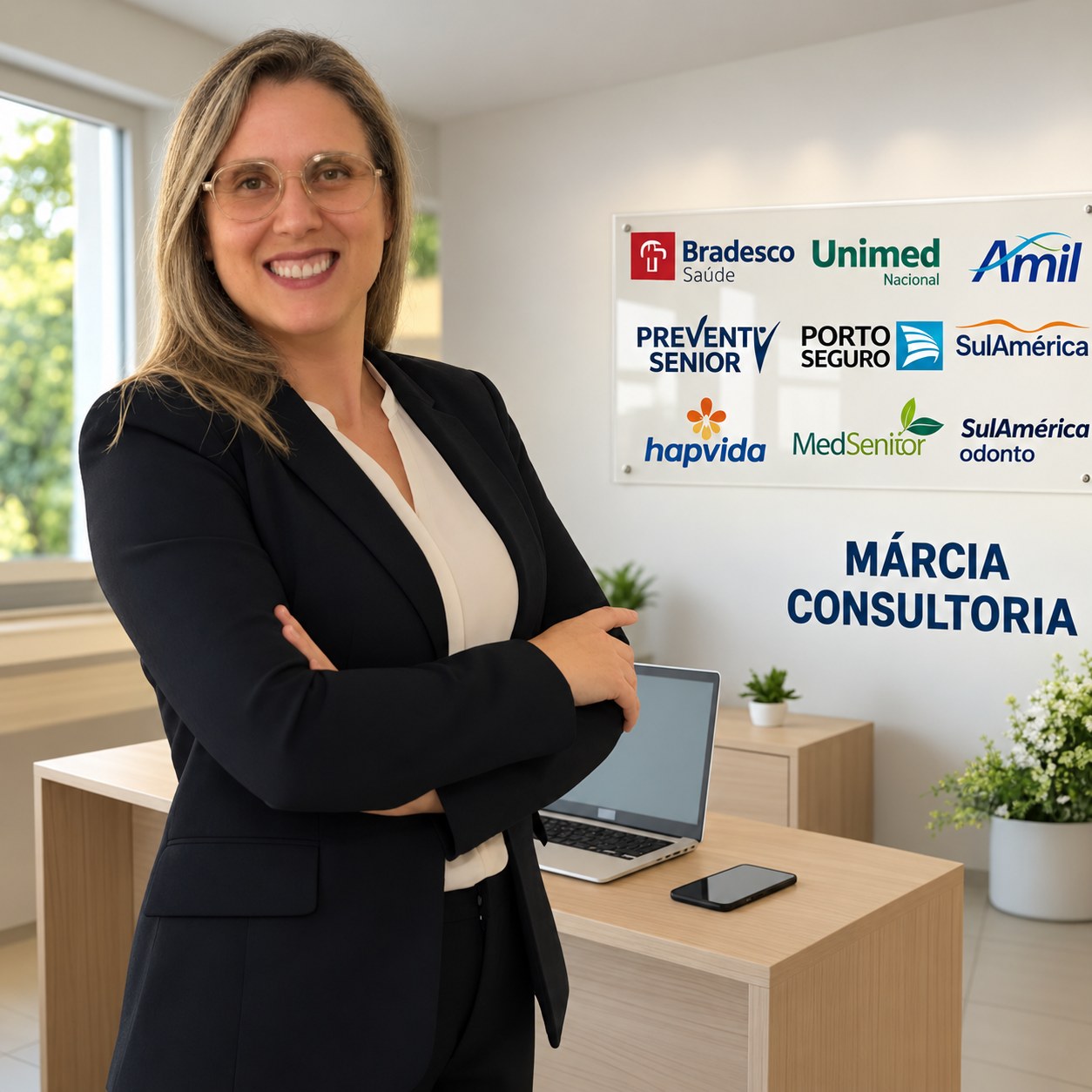 Márcia, da Márcia Consultoria, no escritório com o painel das operadoras de saúde e seguradoras parceiras